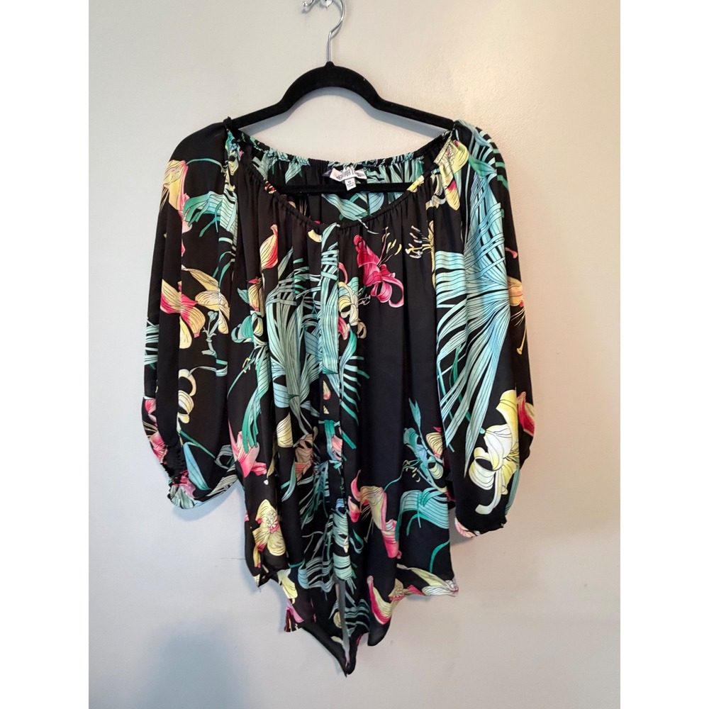 Jennifer Lopez Tropical Floral Off Shoulder Tie Front Blouse Black XL